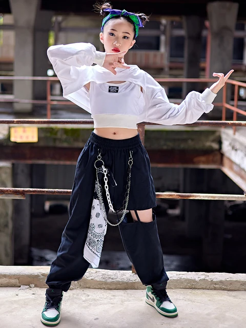 Modern Jazz Dance Costume Hip Hop Girls Clothes Crop Tops Black Pants Long  Sleeved Kpop Performance Outfit Kids Stage We size 140cm Color Vest And  Tops 2pcs