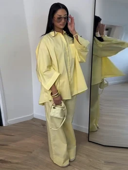 Loose Solid Color Shirt Long Pants Lady Set Lapel Long Sleeve Pocket Shirts High Waist Straight Trousers Casual Women's New Sets 1