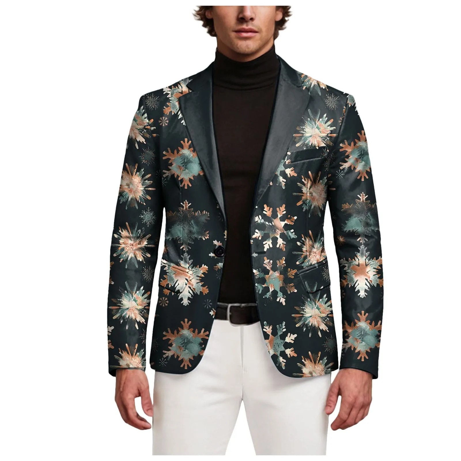 Mens Christmas Suit Jackets Snowflake Christmas Trees Print Blazer Coat Long Sleeve Lapel Button Suit Jacket New Year Blazers
