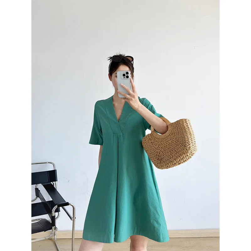 

2023 Summer New Pure Cotton Women Casual V-neck Loose Slimming Age-reducing Dress
