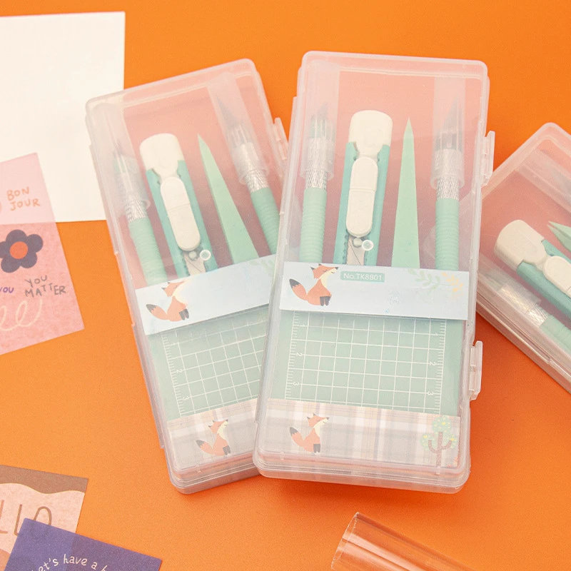 Knife cutting pad set Pen knife Carving knife utility Mint green cutting paper pad pointed tweezers tool