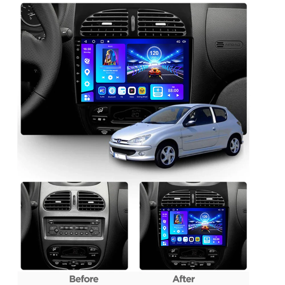 EKIY 푸조 206 시트로엥 C2 용 자동차 라디오, 2001-2013 GPS 네비게이션, 4G 와이파이 DSP BT 카플레이, 안드로이드 10 플레이어, 2 Din DVD 없음