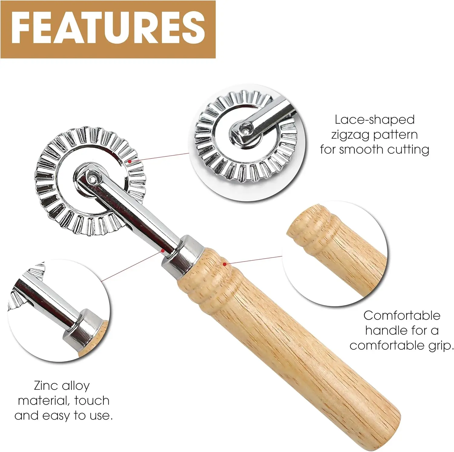 Description Picture 3 of itemSimple DIY Pasta Cutter Wheel Round Pizza Divider Ravioli Crimper Home Wooden Handle Cookie Press Embossing Mold Kitchen Tool
