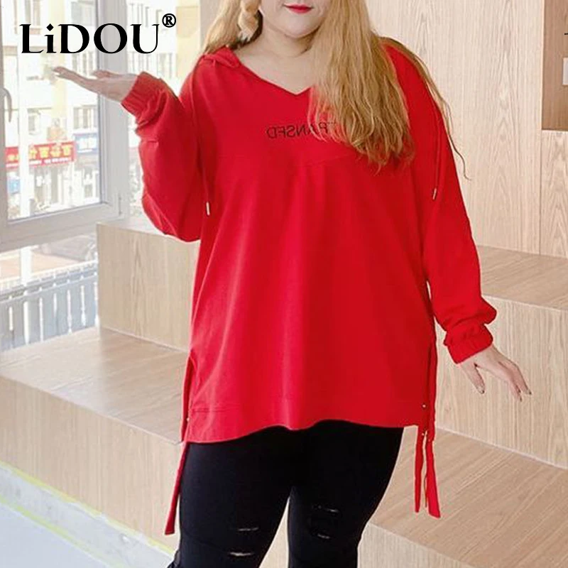 2022 Spring Autumn New Fashion Trend Plus Size Solid Hooded Female Casual Sports Style Y2k Simple Sweatshirt Oversized Top Women