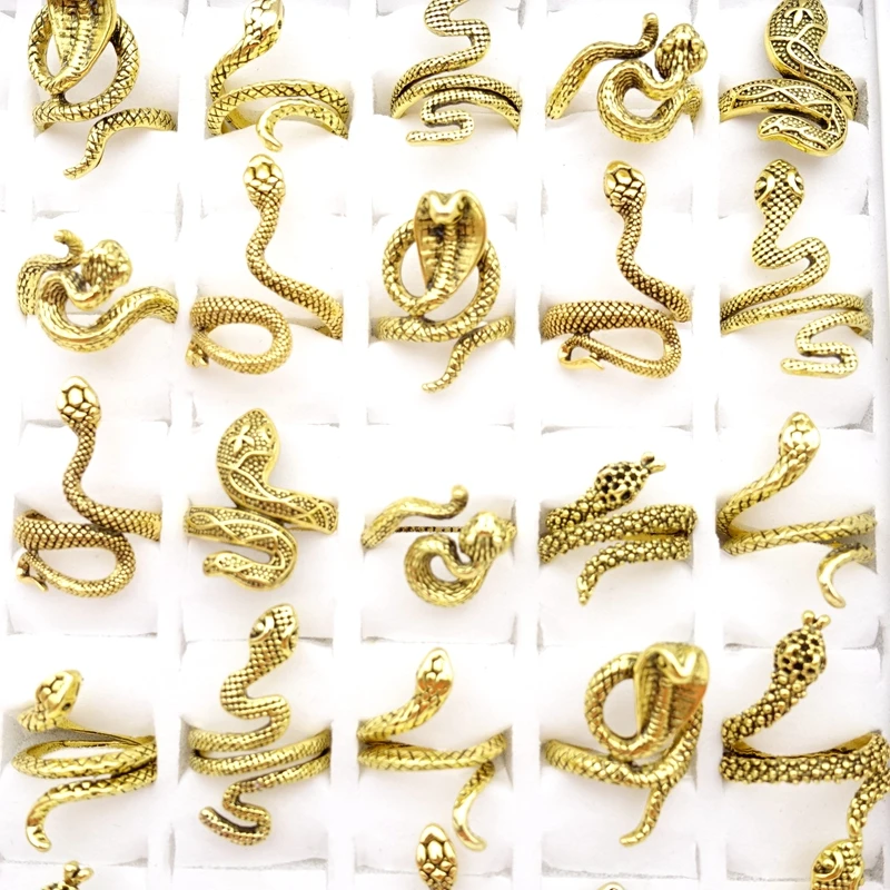 30pcs Men Women Snake Rings Fashion Jewelry Punk Style Animal Party Gift Wholesale Lot Size Adjustable Black Gold Silver Plated