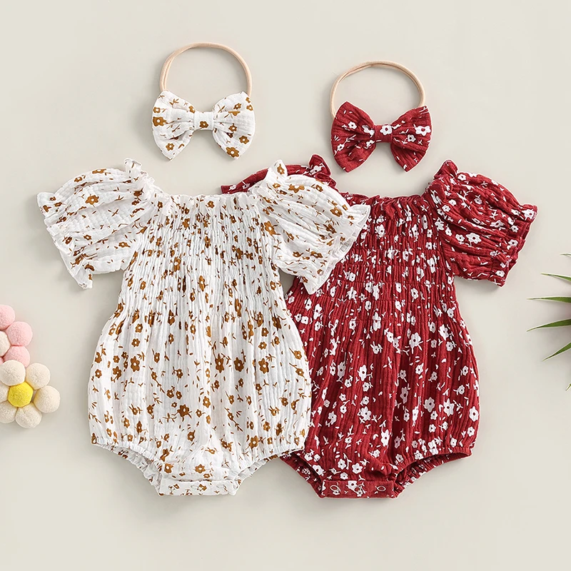 

Infant Baby Girls Romper Casual Floral Print Puff Sleeve Jumpsuits Summer Bodysuits With Headband Newborn Playsuit Clothes