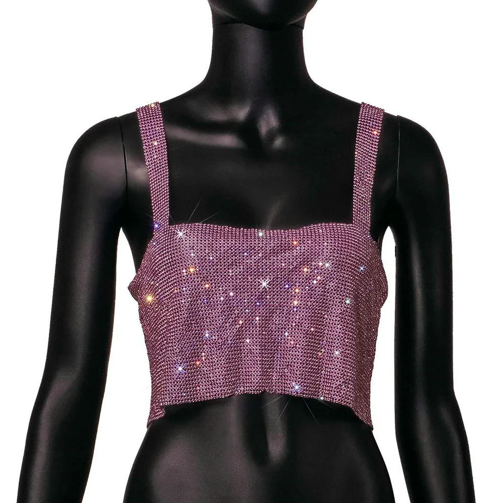 Camiseta sin mangas de malla metálica con diamantes de imitación para mujer, top corto con cadena hueca en la espalda, chaleco sexy para playa y fiesta en club.