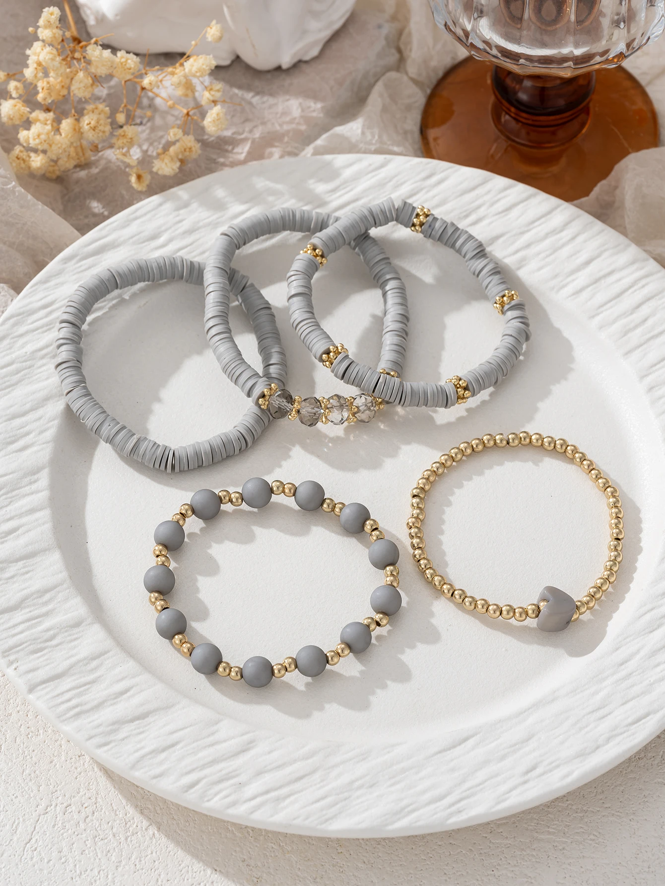 Minimalist Grey Soft Ceramic Elastic Womens Bracelet Set