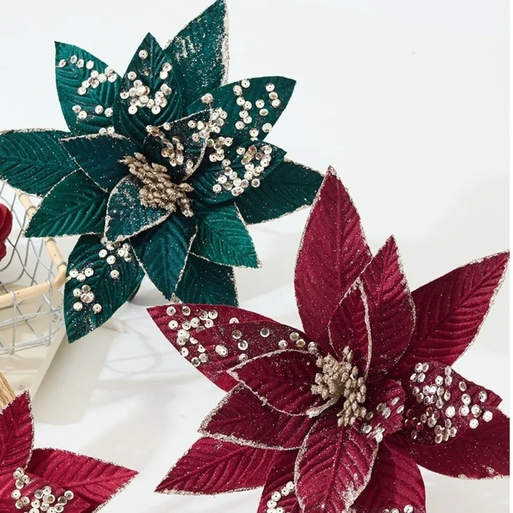 Artificial Poinsettia Flower Glitter Sequins Christmas Decoration