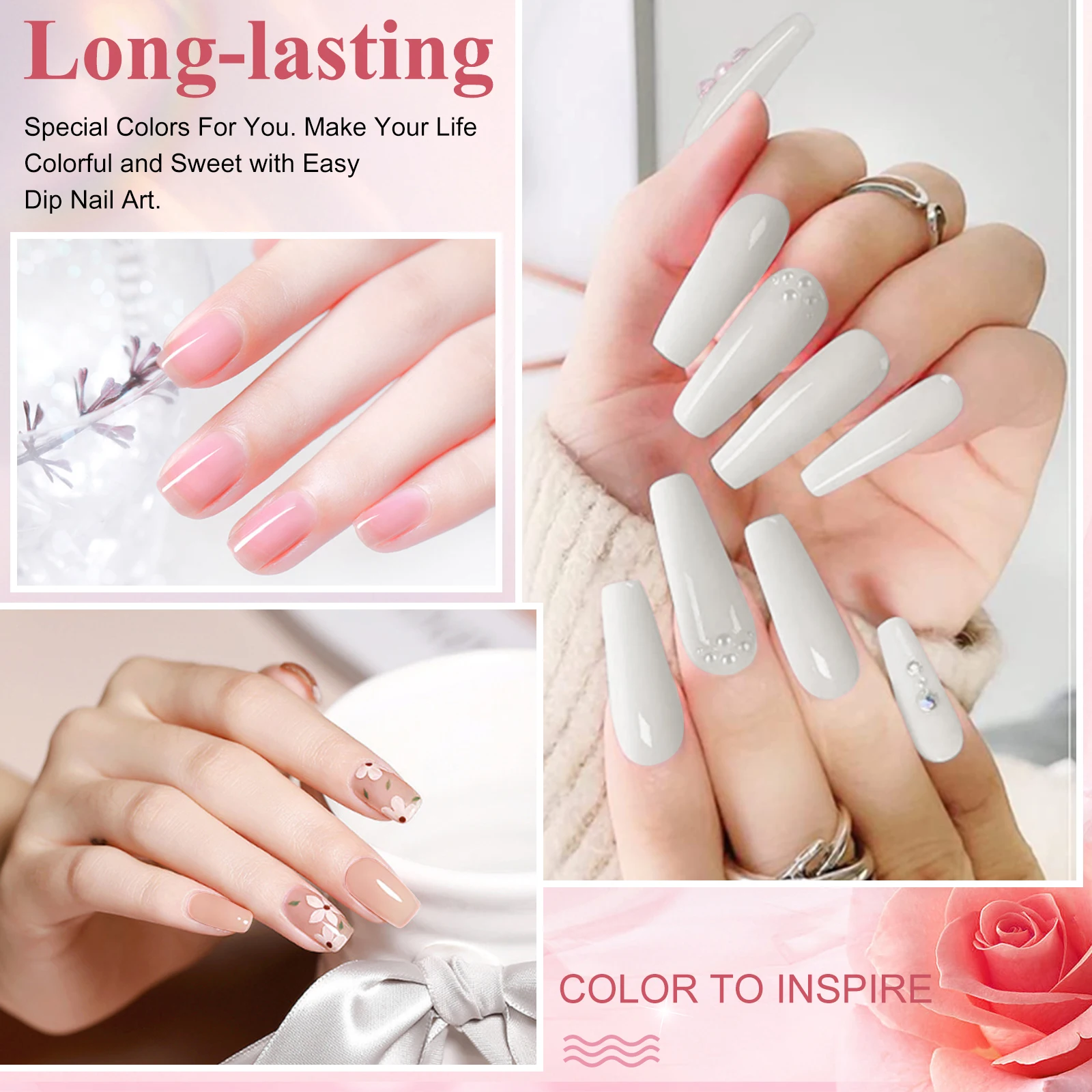 50g/Box French White Clear Pink Dipping Powder Dip Powder No Lamp Cure Nails Natural Dry for Easy Nail Salon Effect nail powder,nail powder set
