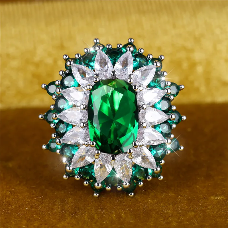 Cute Female Big Green Blue Adjustable Open Oval Ring Luxury Large Engagement Wedding Jewelry For Women