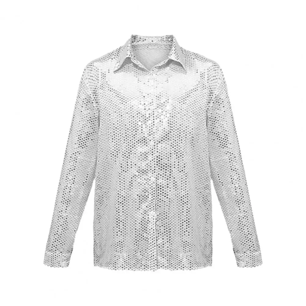 Sequin Single-breasted Shirt Retro Shiny Sequin Flared Pants Glossy Lapel Single-breasted Top for Party for Entertainers