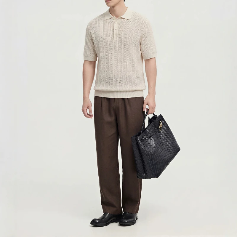 Polo da Uomo in Misto Lino Lavorato a Maglia a Maniche Corte, T-shirt Casual con Colletto Estivo - immagine 4