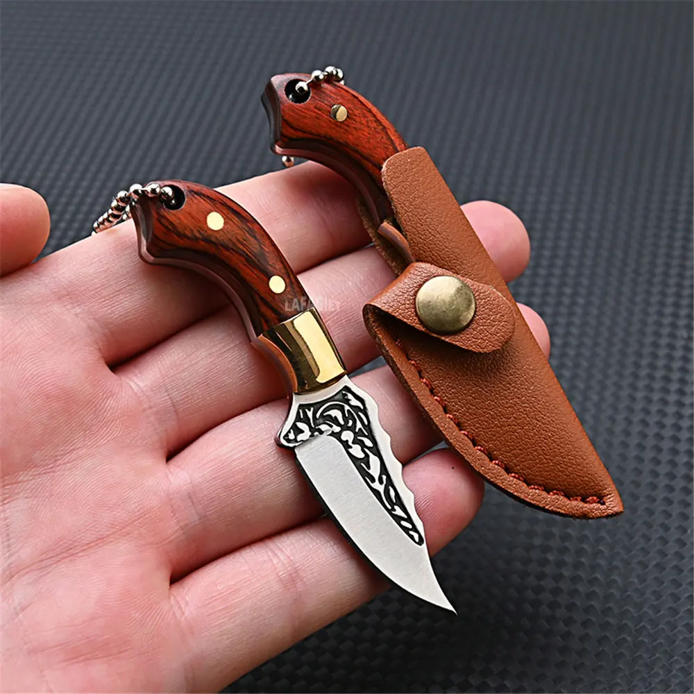 Handmade Miniature Kitchen Knife Damascus Steel Small Knife Box Package  Opener Pendant With Leather Sheath 