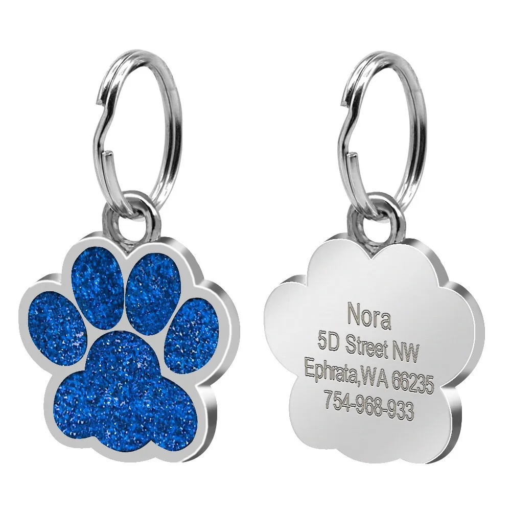 Pet ID Tags Personalized Dog Cat Tags Free Engraved Anti-lost Name Paw Glitter Pendant Nameplate Glitter Keyring Accessories