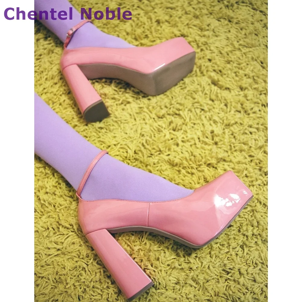 

Pink Platform Pumps Square Toe Square High Heels Buckle Strap Shallow Leather Pumps 2022 Fashion Sexy Comfortable Women Shoes