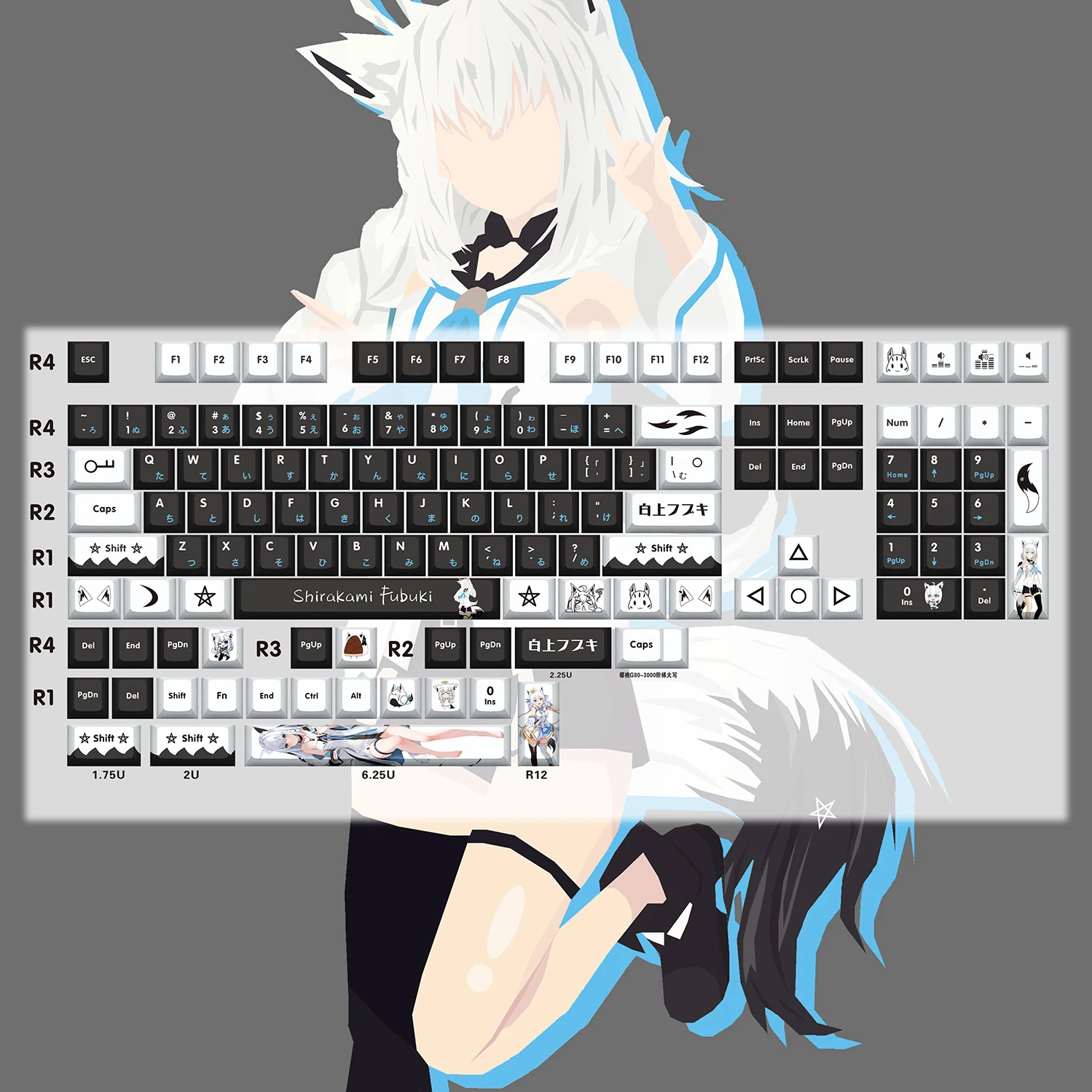 Shirakami Fubuki Hololive Vtuber Key Cover Sublimação de Dye Pbt Cherry mx Cruz Eixo Switch Keycap Teclado Mecânico