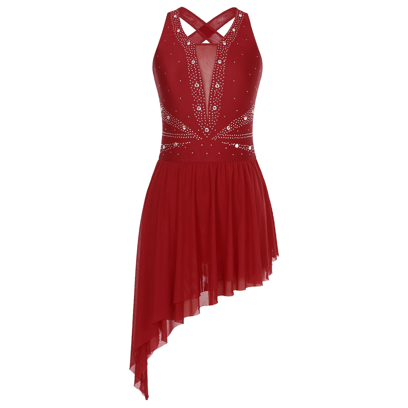 

Women Ballet Dress Rhinestone Sleeveless Leotard Figure Skating Dress Backless Irregular Hem Lyrical Competition Dance Costumes
