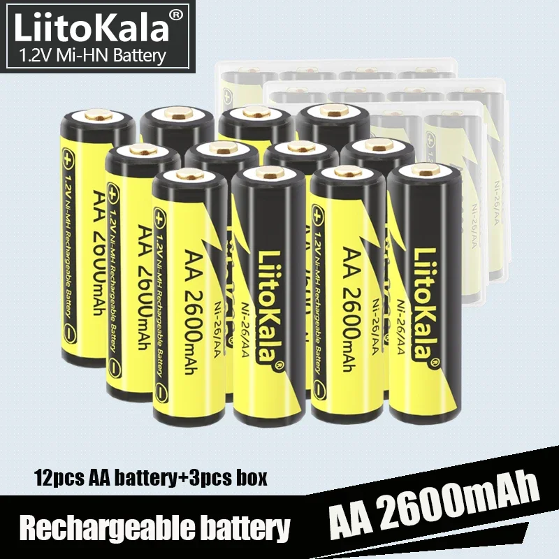 

Аккумуляторная батарея LiitoKala Ni-26/AA 1,2 V 2600mAh Ni-MH для камеры, Противоударная Игрушечная машина + коробка, 12 шт.