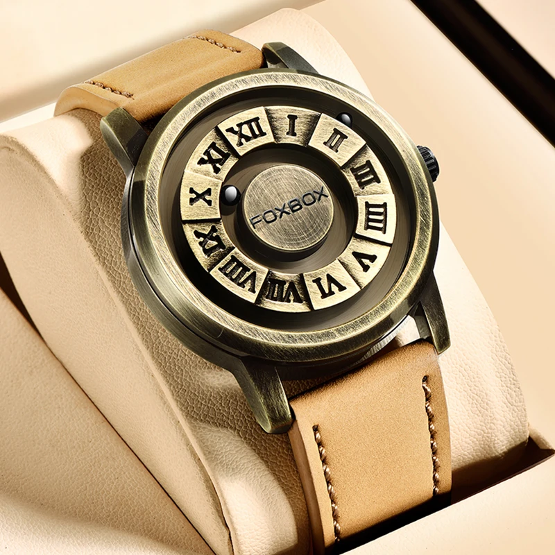 FOXBOX Fashion Leather Watch Men Creative Rolling Pointer Design Watch Men Casual Business Military Men's Quartz WristWatches