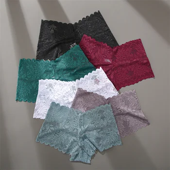 FINETOO 4pcs Lace Floral Boyshorts Underwear for Women Sexy Hollow Out Solid Panties Female Low-Waist Breathable Girls Lingerie 4