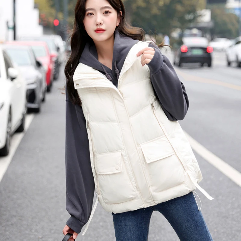 mid length hooded winter coats women casual loose windproof parkas contrasting colors cotton jacket warm padded snow overcoat Women Autumn Winter Vest Coat Down Cotton Padded Jacket Sleeveless Cardigan Waistcoat Warm Snow Clothes Zipper Large Pockets