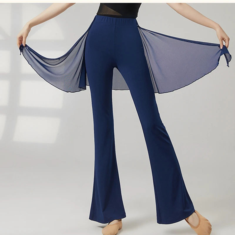Dance Pants Women Long Microflared Latin Trousers Mesh Wrap Skirt Classical Practice Costume Stage Line Dancewear