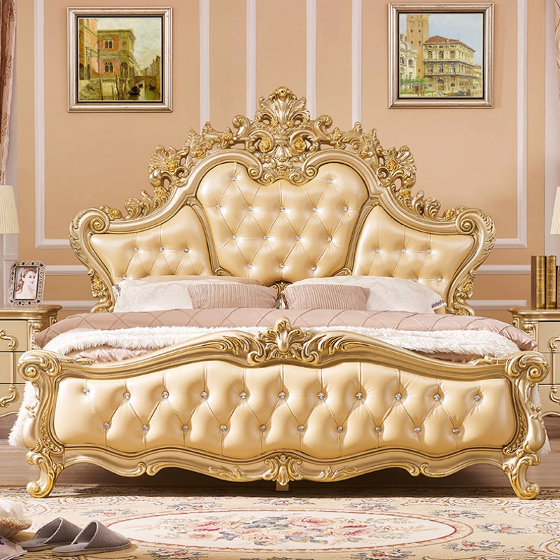 

Wood Royal Gold Double Bed King Size Nordic Headboard Frame Double Bed Girl Boys Sleeping Letti Matrimoniali Bedroom Furniture