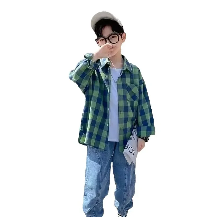 Spring Fashionable Plaid Boys Shirt New Hot Sale Of The Season Middle Large Children's Spring Outerwear Trendy Male Kids Clothin