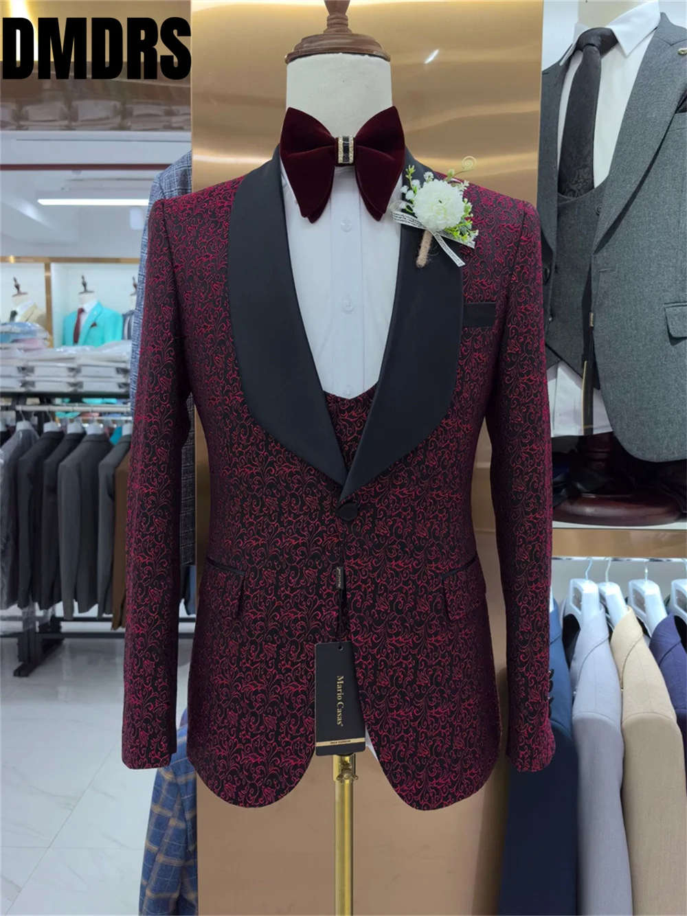 High Quality Men's Suit Set For Formal Office Meeting Classic Red Jacquard Handsome Wedding Suit Host Party Suit Blazers Pant Ve