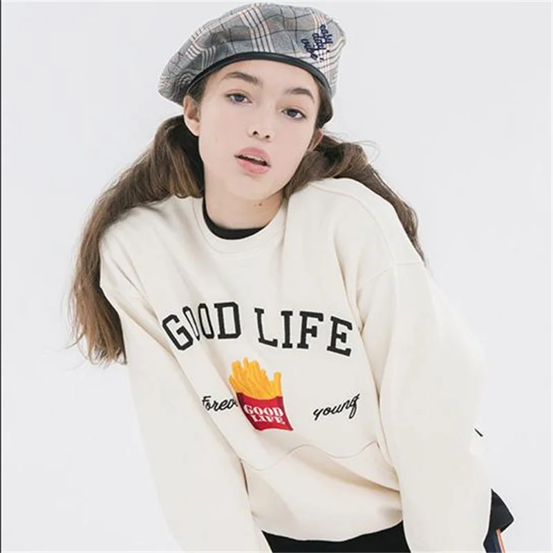

Star Same Style Korean Version Sweater Embroidered French Fries Plus Velvet Round Neck Top Loose Couple
