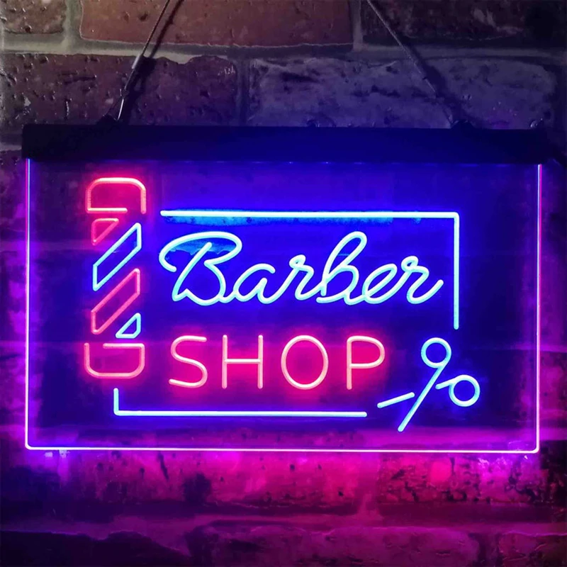 

Custom Neon Sign Barber Shop Pole Scissor Hair Cut Dual Color LED Neon Sign Hair Salon Opening Display Neon Light Hanging Light