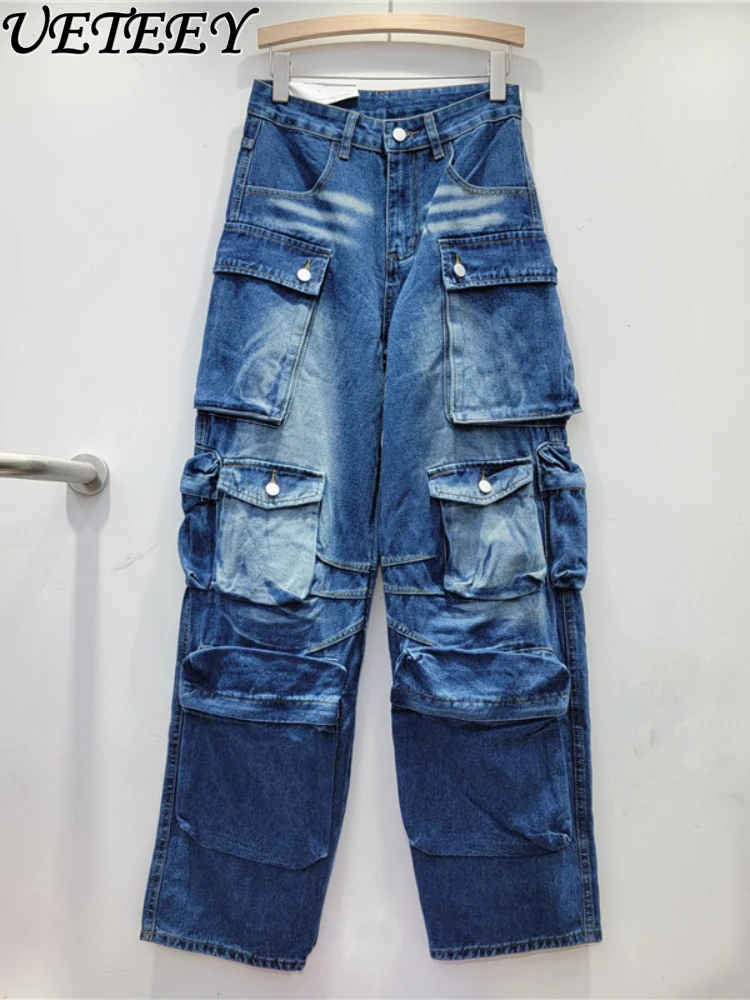 

2023 Autumn New Heavy Industry Multi-Pocket High Waist Jeans Women's Niche Design Washed Trousers Loose Denim Overalls Pants