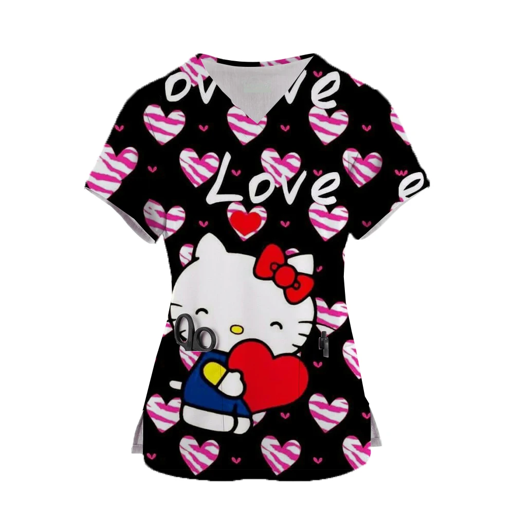 thumbnail image 1 of Uniforme de enfermera kawaii con estampado de Hello Kitty para mujer, blusa de manga corta con bolsillos, uniformes médicos de enfermería, 1 of 5