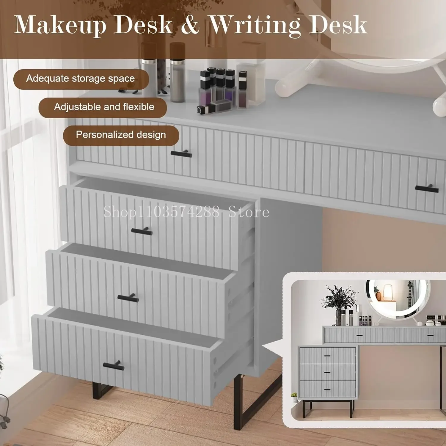 서랍이 있는 대형 화장대 책상, 이동식 3 서랍 가슴이 있는 메이크업 화장대 세트, 모던 메이크업 화장대 드레싱 테이블