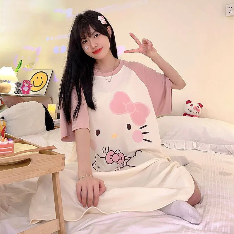 

Kawaii Sanrio Anime Cotton Pajama Skirt Cute Hello Kitty Pompompurin Summer Short Sleeve Pajamas Originality Children Gifts