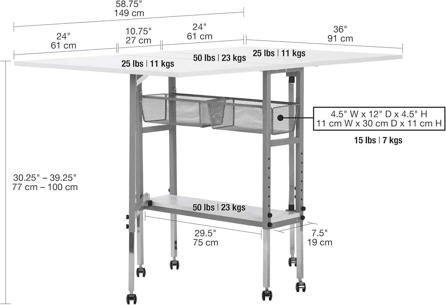 Sew Ready Hobby and Cutting Table - 58.75" W x 36.5" D White Arts and Crafts Table with 2 Mesh Storage Drawers 4