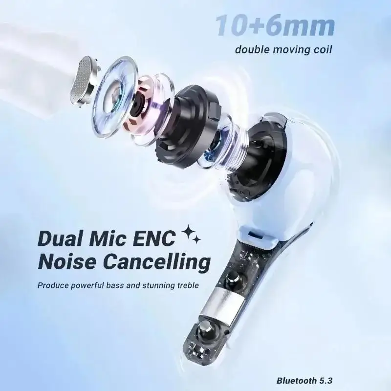 Transparent Wireless Earbuds Wireless 5.3 Headphones Noise Canceling Earphones HiFi Dual Stereo Microphone Mini In-Ear Earbuds