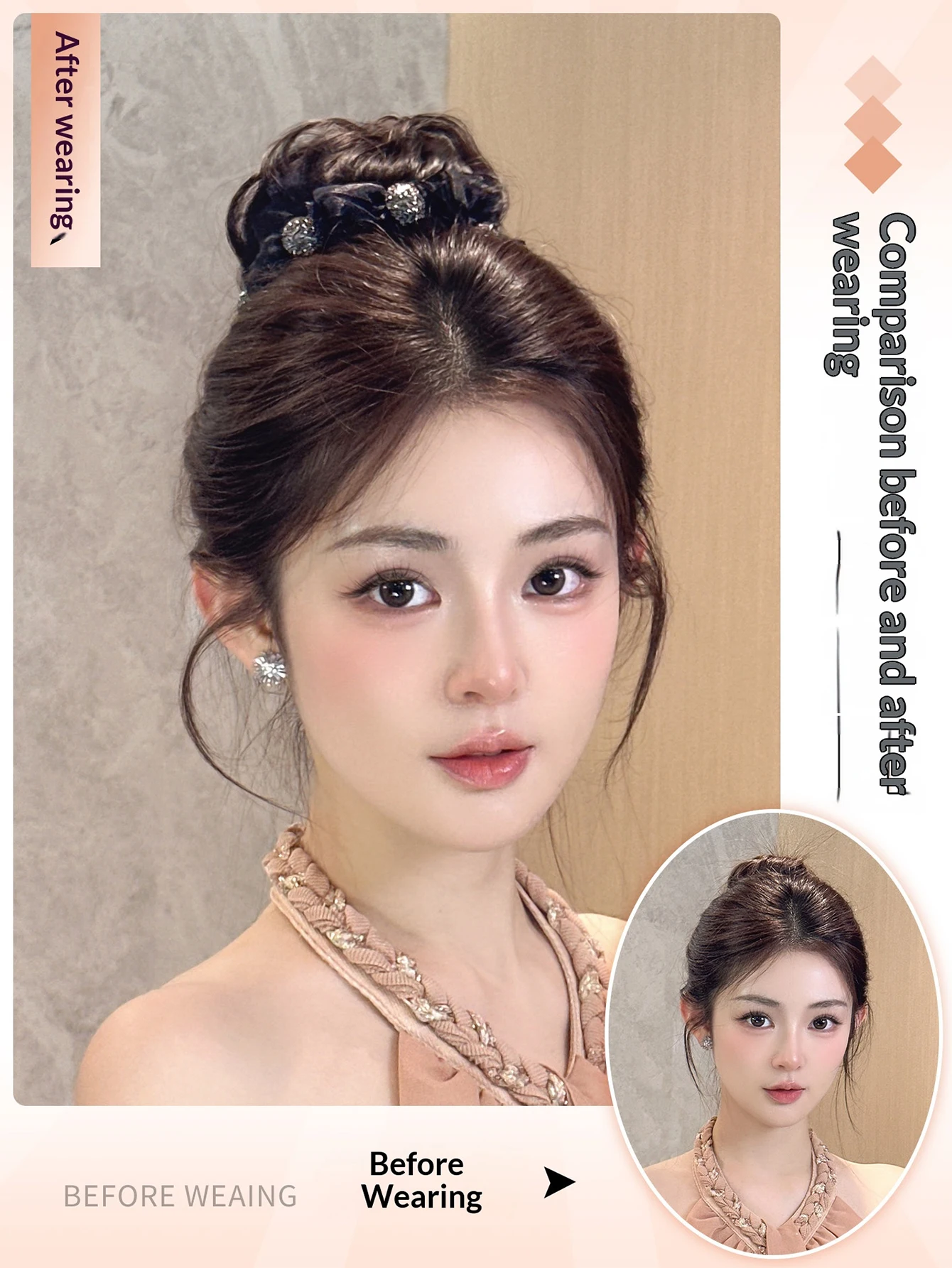합성 반짝이 라인스톤 보우 번 헤어피스 클로 클립 헤어 도넛 가짜 머리 웨딩 파티 데일리 업두 액세서리 여성용