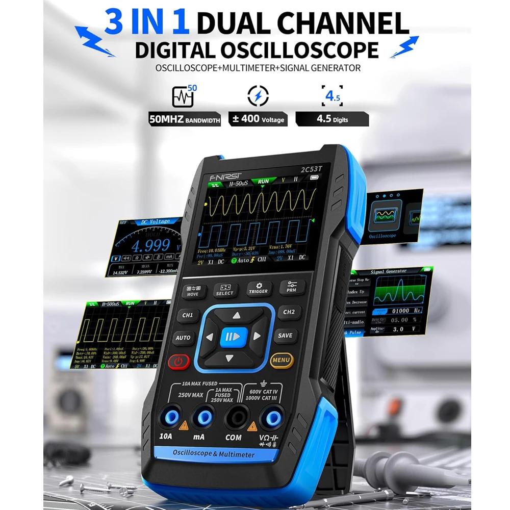 Osciloscopio Portátil FNIRSI 2C53P - 2 Canales 50MHz, Multímetro, Generador De Señales, Pantalla Táctil 4.3''