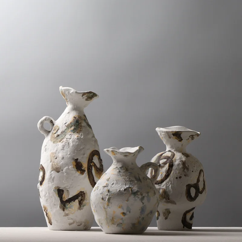 Nordic Simple Wabi-Sabi Style Element Embryo Ceramic Vase Home Retro Pottery Ornaments Do Old Home Stay Handpainted Vases