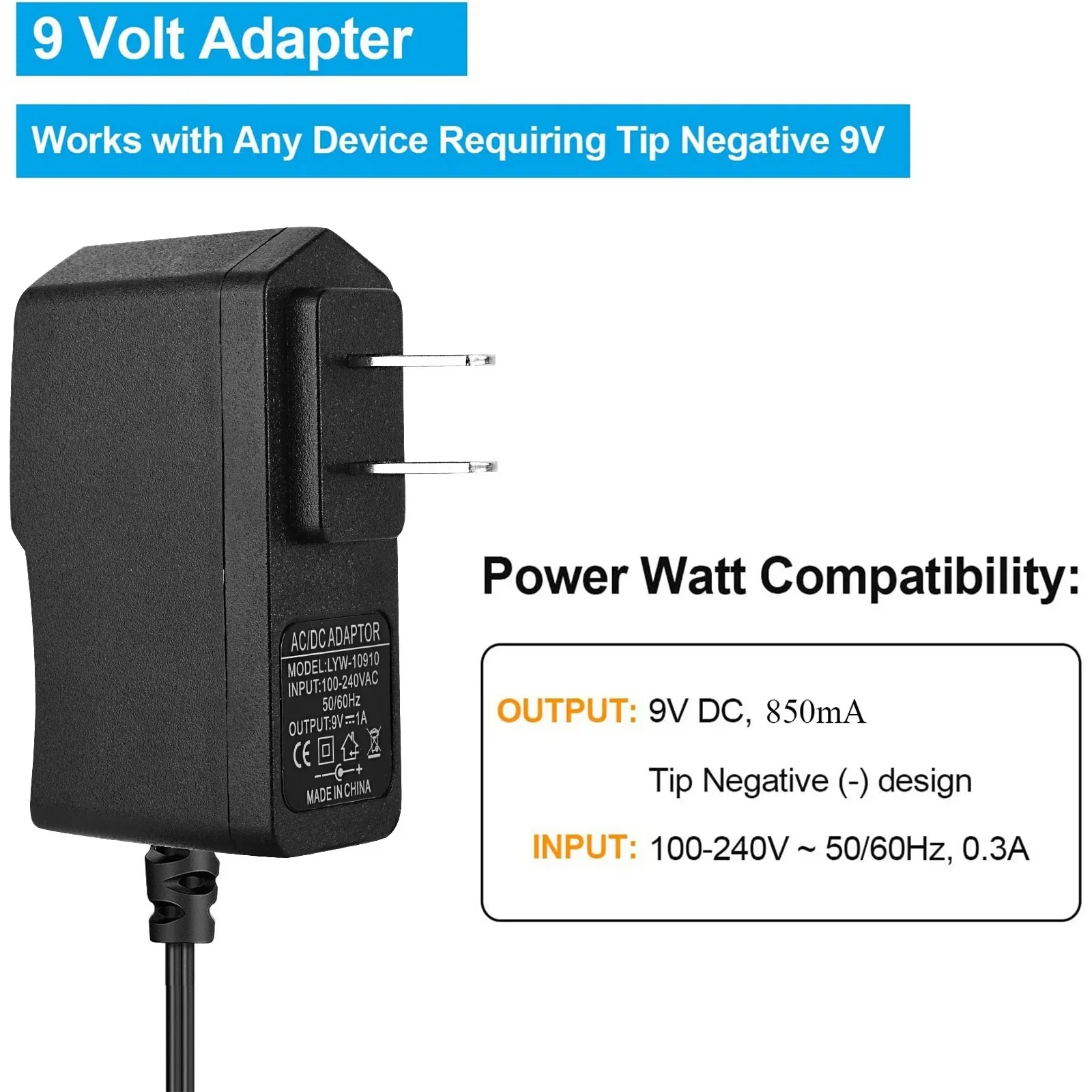DC 9V 850mA Central Negative Guitar Effect Pedal Power Supply Adapter FREE 5 way Daisy Chain Noise Isolation Audio Cable Line