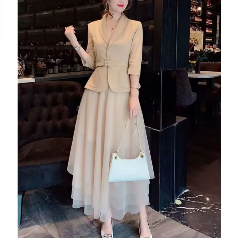 spring-autumn-new-skirt-suit-women-elegant-korean-lace-up-fashion-blazer-long-mesh-skirt-casual-evening-party-2-piece-set