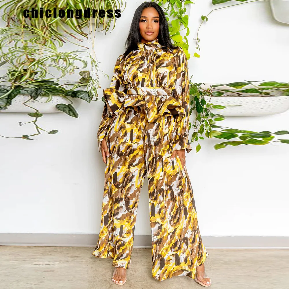

Autumn Fashion Print Two Piece Set African Women Causal OL Shirt Wide Leg Pants Two Piece Set Women