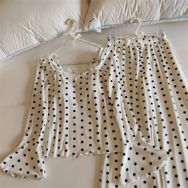 Warme Winter Nachtwäsche Sexy Pyjamas Set Brust Pad Top Hosen Sets Langarm Nachtwäsche Casual Rüschen frauen Hause Kleidung – Detail 4