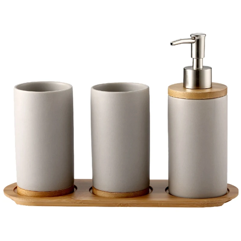 Household Kitchen Seasoning Tank Simple Solid Color Ceramic Salt Tank Oil Bottle Seasoning Tank Set Bamboo Plate Base Set 5