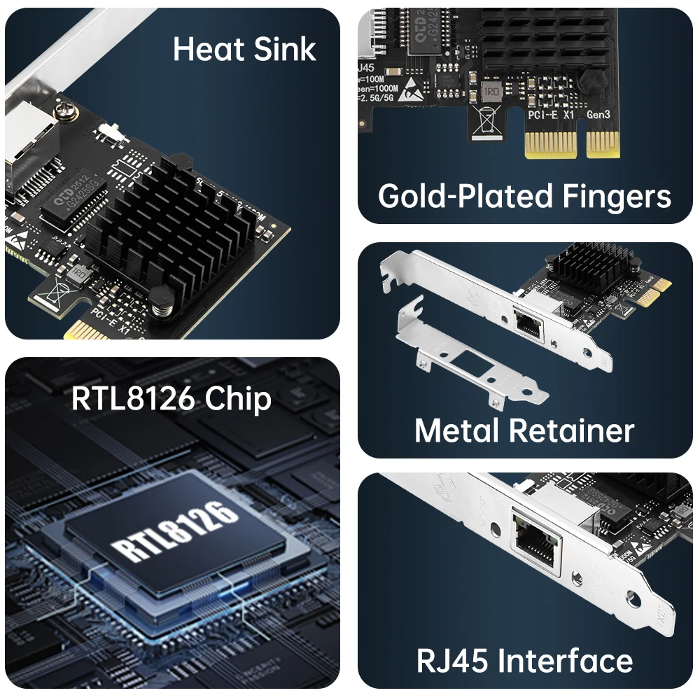 5Gbps PCIE-RJ45 네트워크 카드 RTL8126 5000Mbps 기가비트 이더넷 LAN 어댑터 데스크탑용 직접 속도 데이터 전송