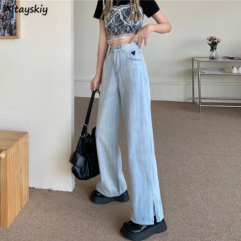 

Women Jeans Side Split Heart Print Denim Wide Leg Striped Trousers High Waist Fashionable Slender Streetwear All-match 4XL Chic