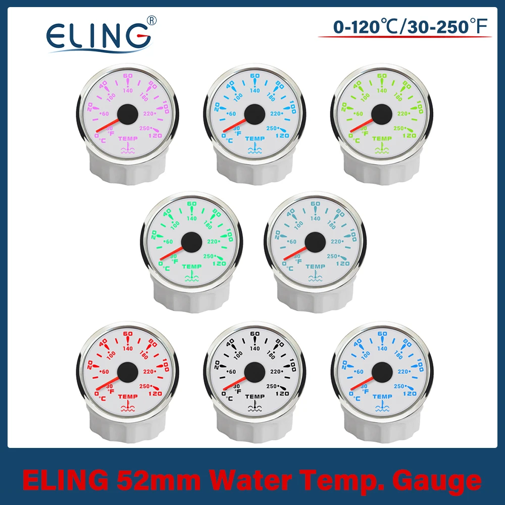 

Waterproof 52mm Water Temp Meter Signal 0-120℃/30-250℉ Temperature Gauge with 7 Colors Backlight for Boat Car Motorcycle 12V 24V