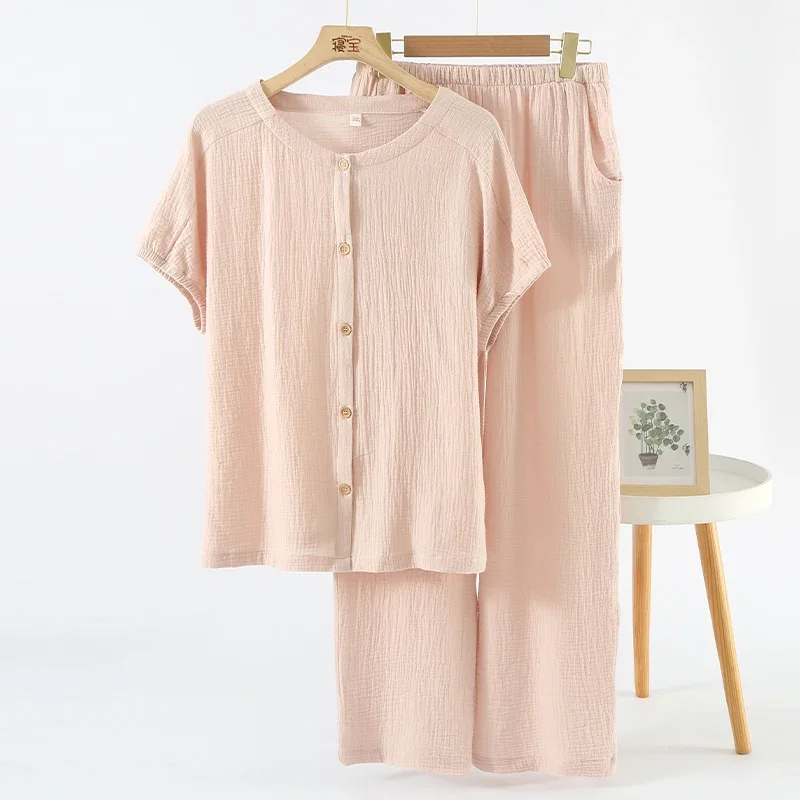 Muslin 100% Cotton Gauze 2 Piece Sets Womens Outfits Button Up Short Sleeve Tees + Long Trouser Sets Comfortable Tracksuit 5